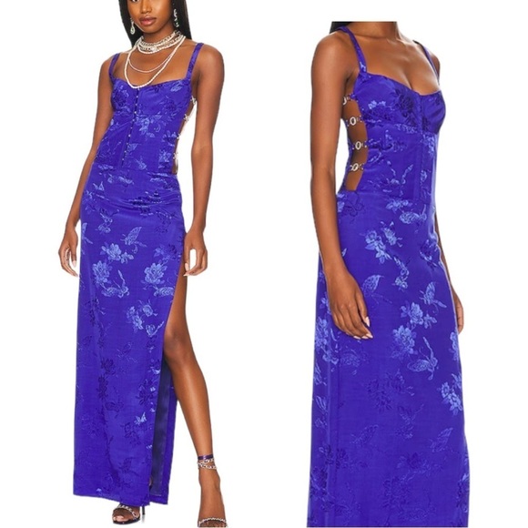 Lovers + Friends Open Side Corset Bra Blue Maxi Floral Slit Dress Size Small NWT - Picture 1 of 13